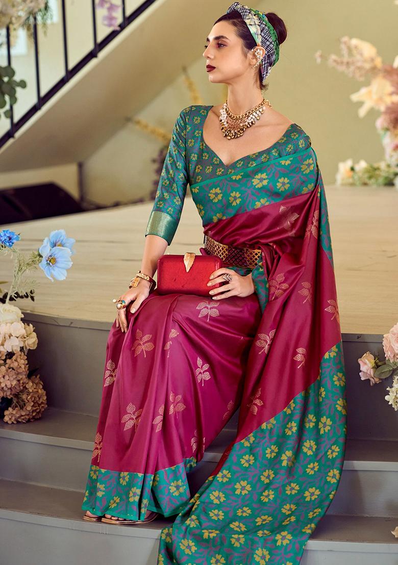 Purple Floral Print Silk Sarees