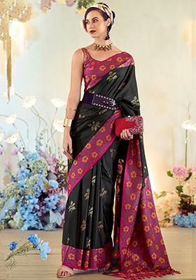 Black Floral Print Silk Sarees