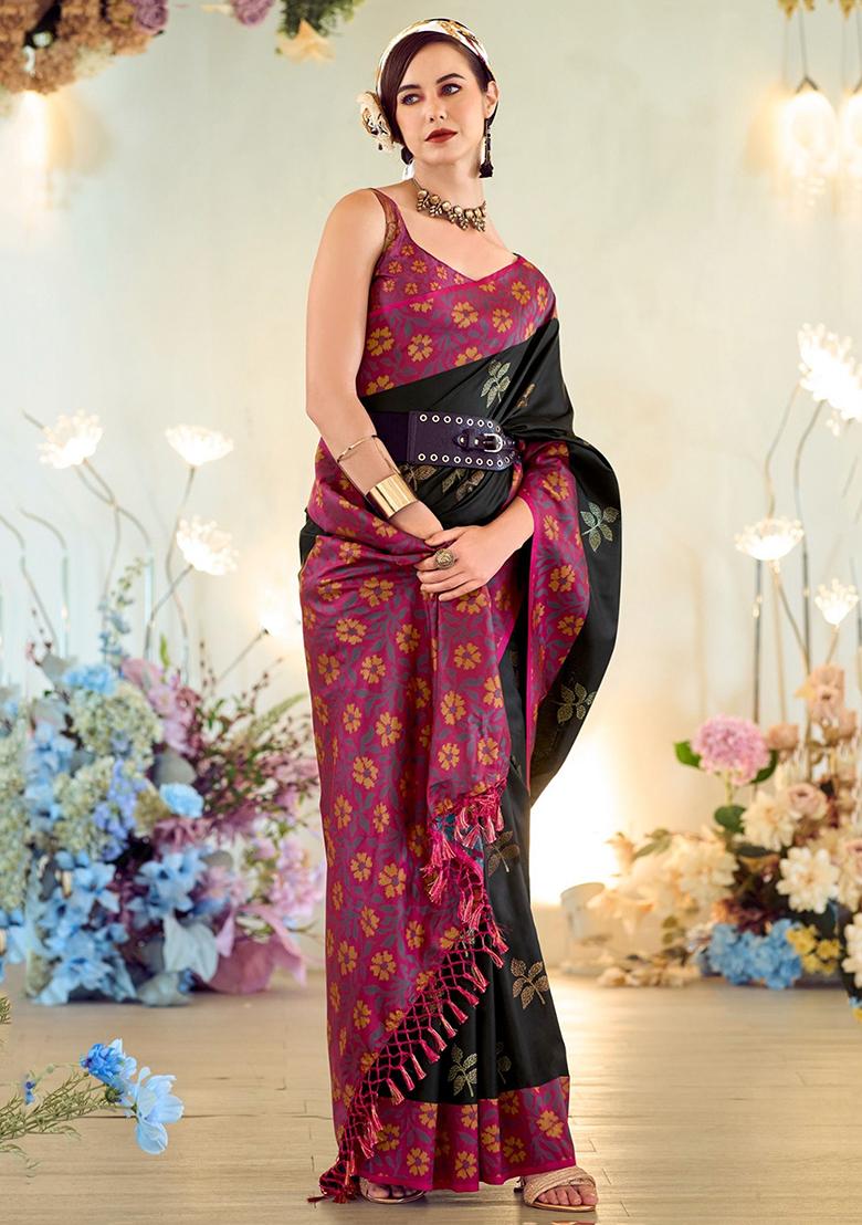 Black Floral Print Silk Sarees