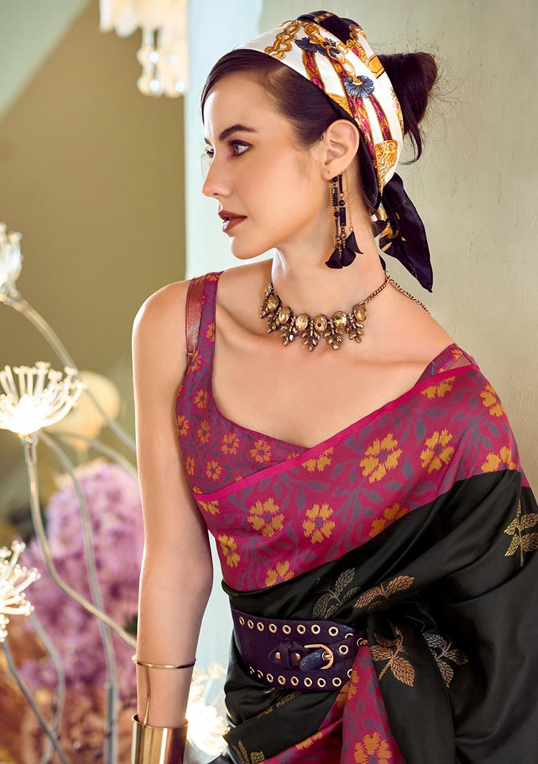 Black Floral Print Silk Sarees