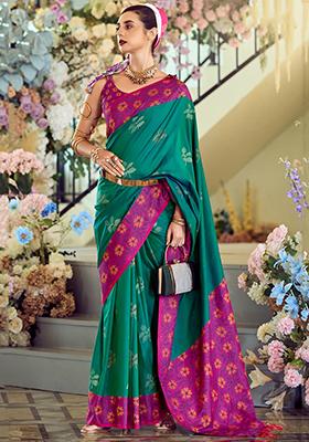 Green Floral Print Silk Sarees
