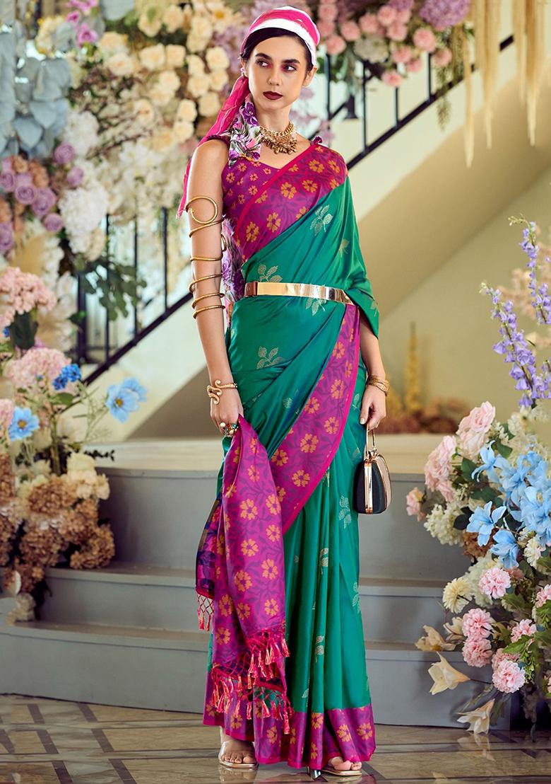 Green Floral Print Silk Sarees