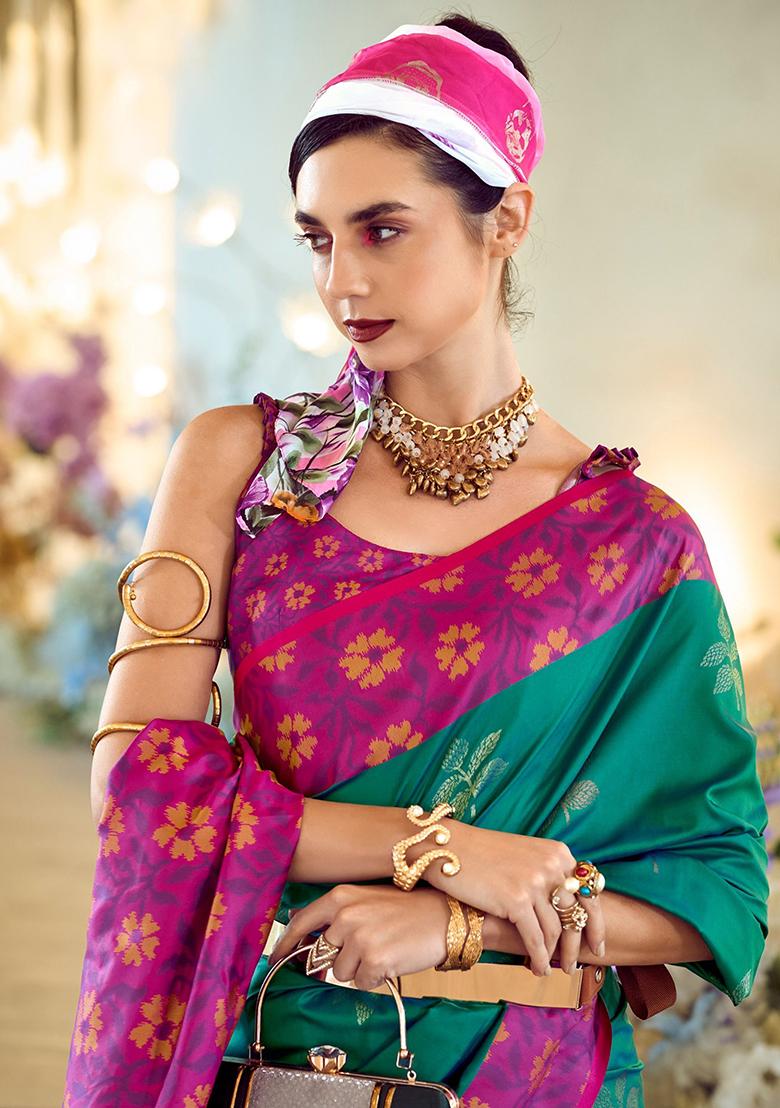 Green Floral Print Silk Sarees