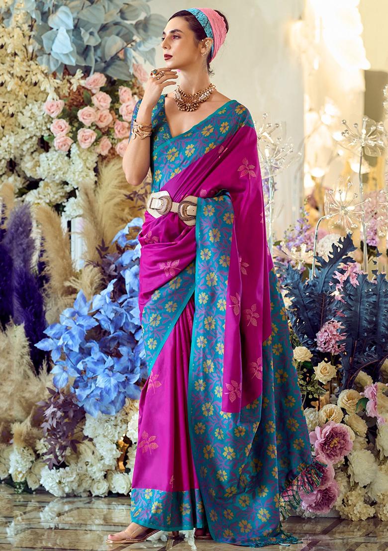 Pink Floral Print Silk Sarees