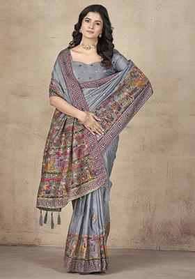 Grey Zari Weaving Silk Sarees