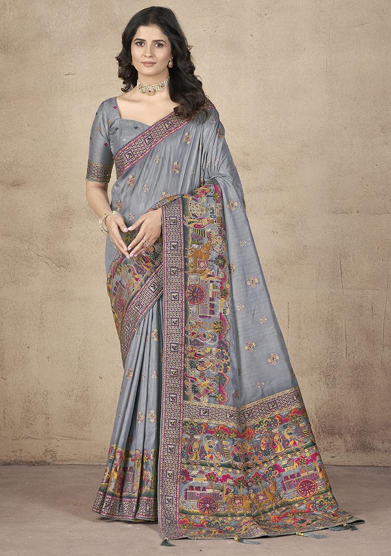 Grey Zari Weaving Silk Sarees