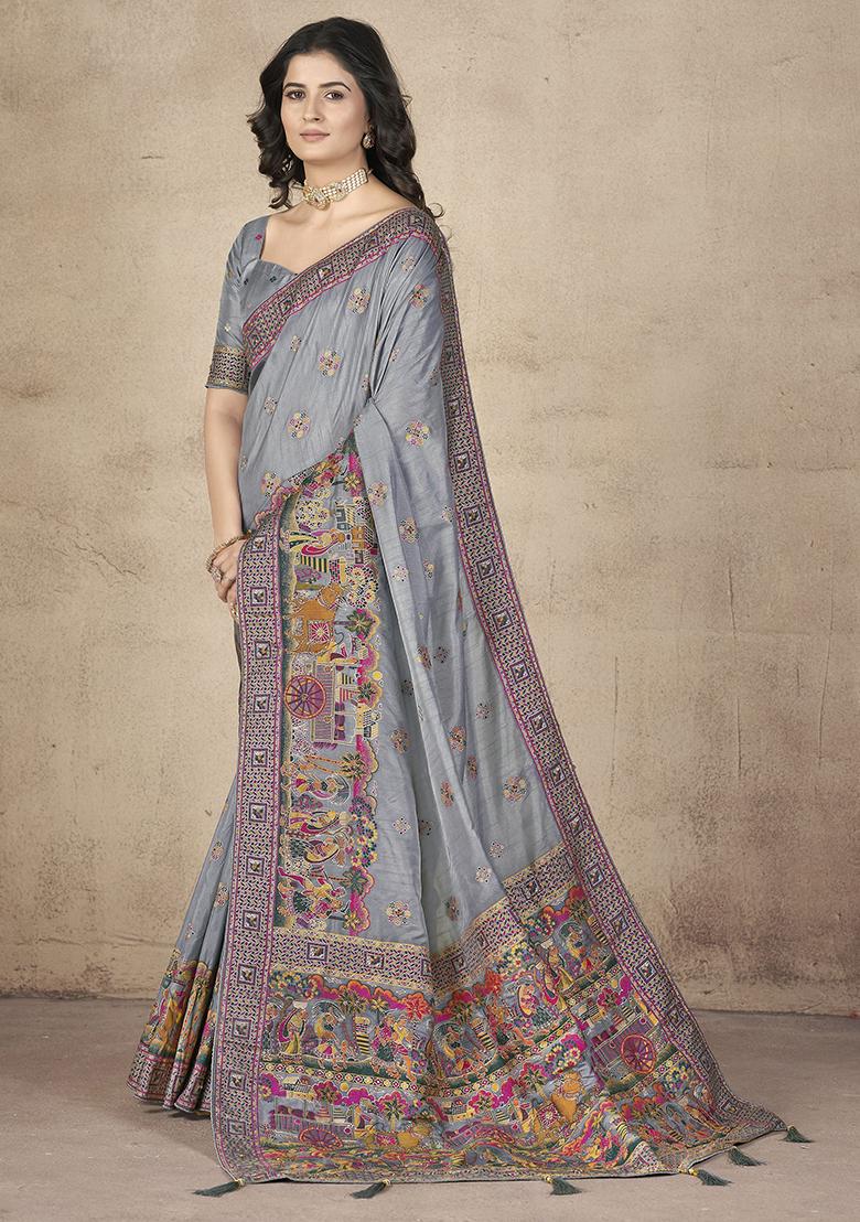Grey Zari Weaving Silk Sarees