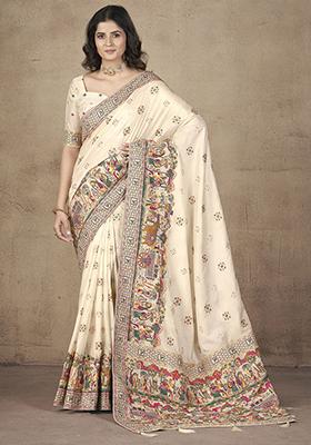 Beige Zari Weaving Silk Sarees