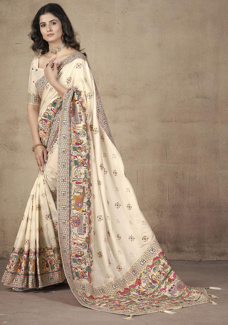 Beige Zari Weaving Silk Sarees