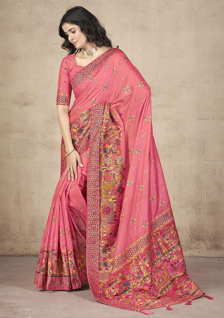 Pink Zari Weaving Silk Sarees