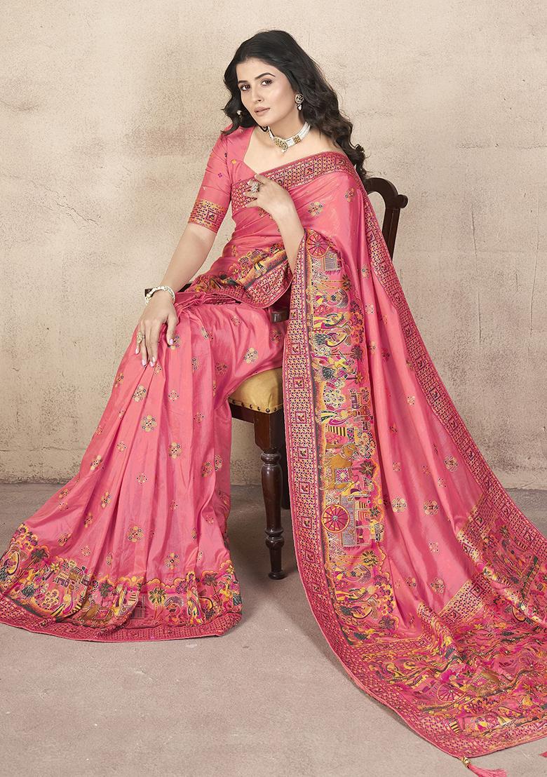 Pink Zari Weaving Silk Sarees