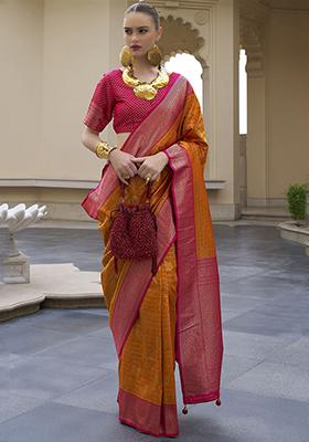 Orange Zari Weaving Banarasi Silk  Sarees