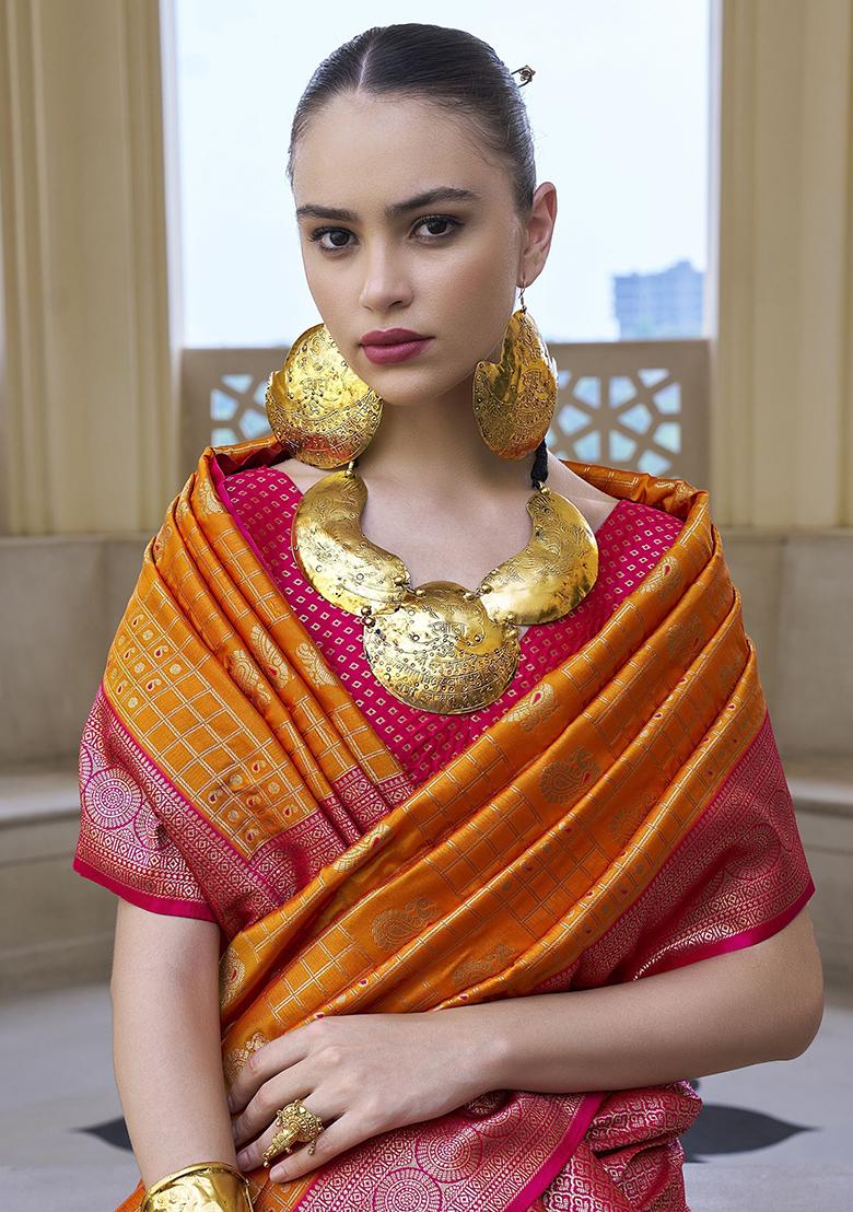 Orange Zari Weaving Banarasi Silk  Sarees