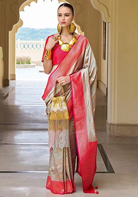 Grey Zari Weaving Banarasi Silk  Sarees