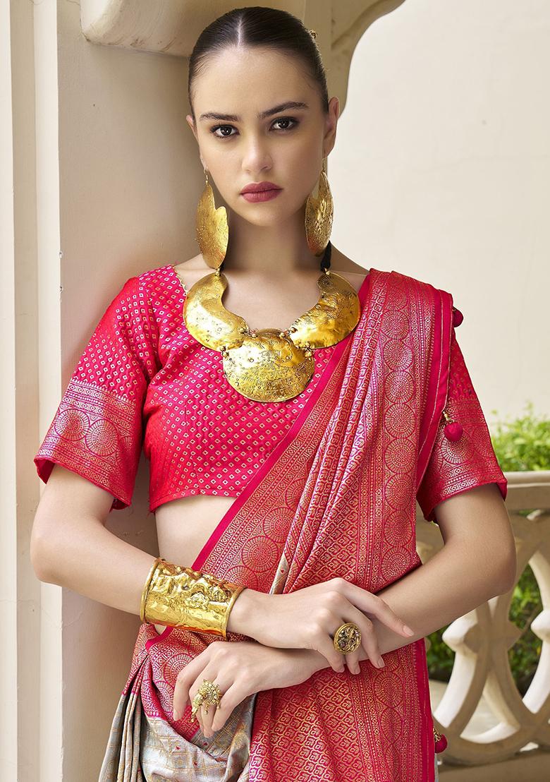 Grey Zari Weaving Banarasi Silk  Sarees