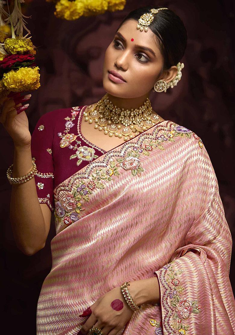 Peach Embroidered Silk Sarees