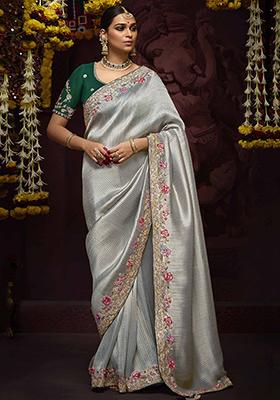 Grey Embroidered Silk Sarees