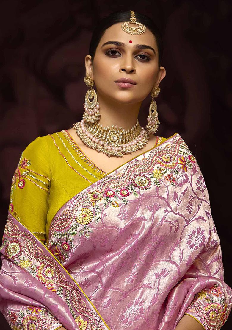 Pink Zari Weaving Silk Sarees