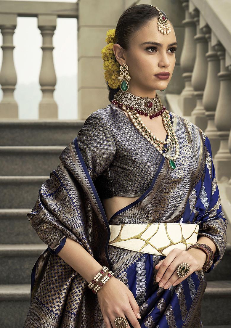 Navy Blue Zari Weaving Silk Sarees