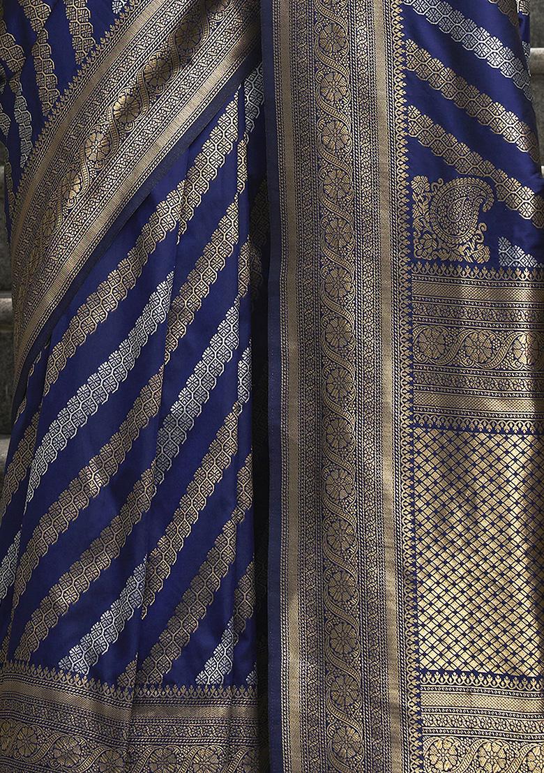 Navy Blue Zari Weaving Silk Sarees