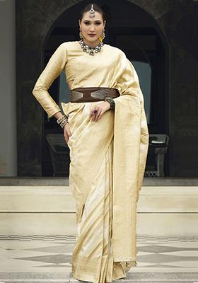 Beige Zari Weaving Silk Sarees