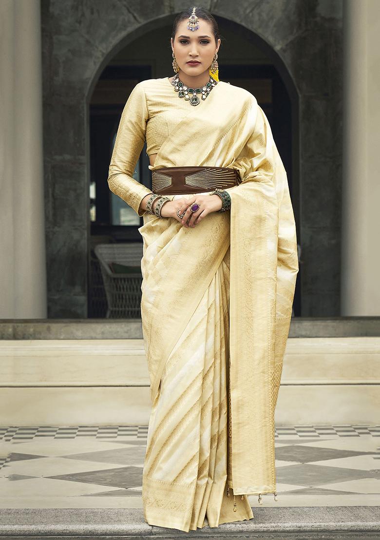 Beige Zari Weaving Silk Sarees