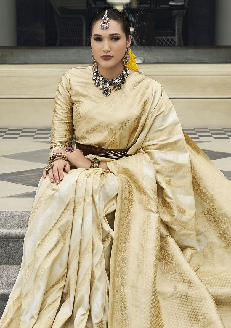 Beige Zari Weaving Silk Sarees