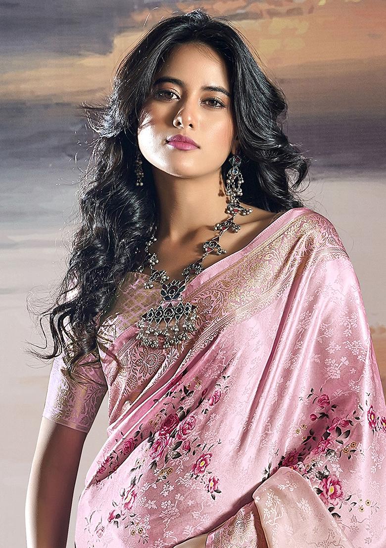 Pink Zari Weaving Satin Sarees