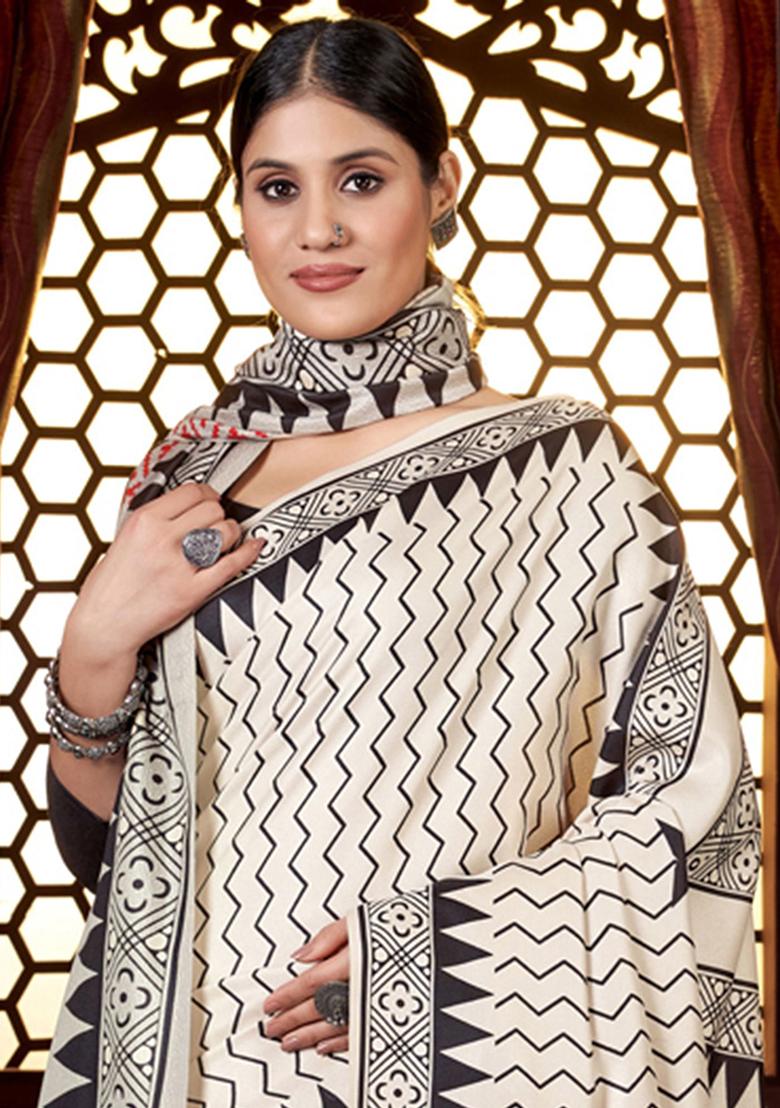 Off White Digital Print Pashmina Sarees