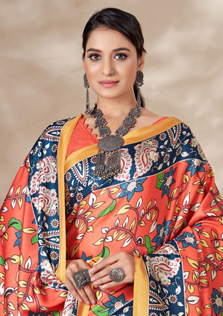 Orange Digital Print Pashmina Sarees