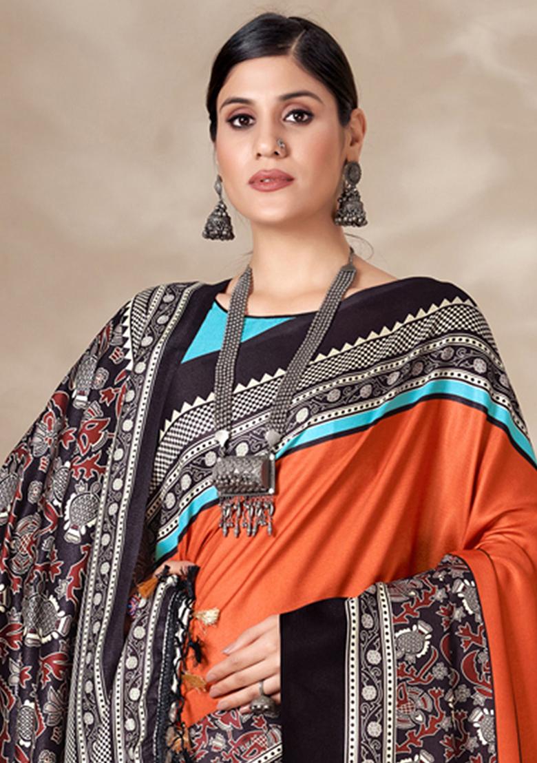 Orange Digital Print Pashmina Sarees