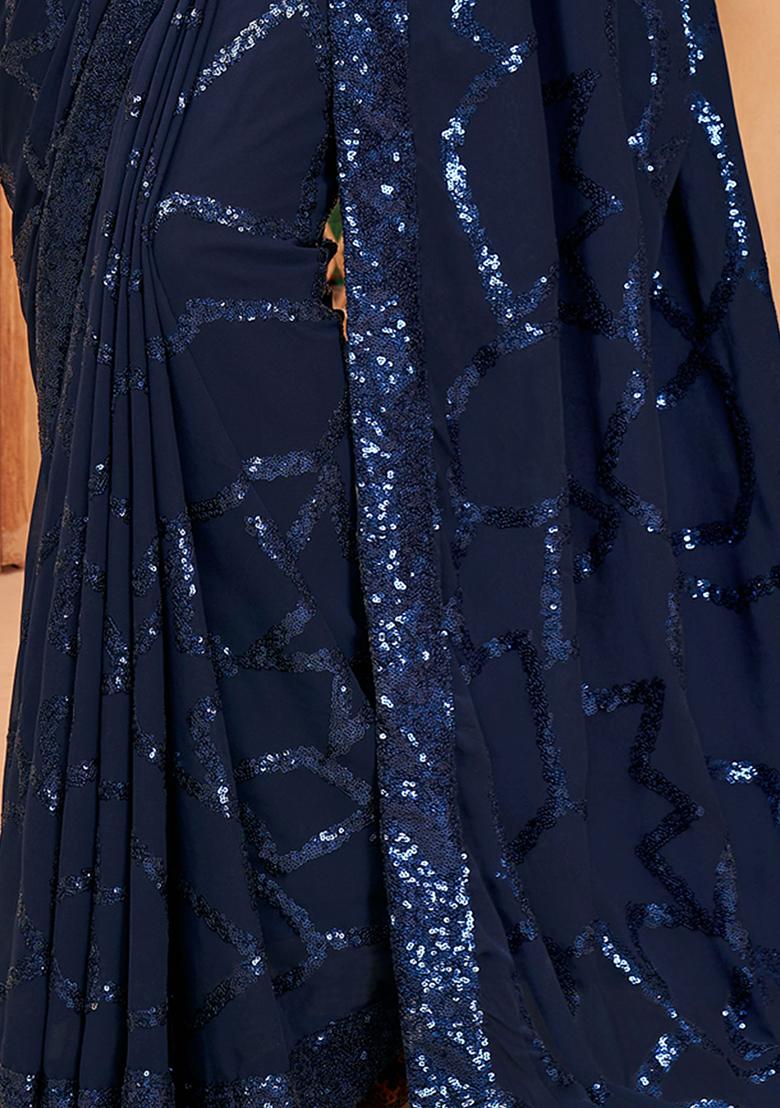 Navy Blue Sequin Embroidered Georgette Sarees