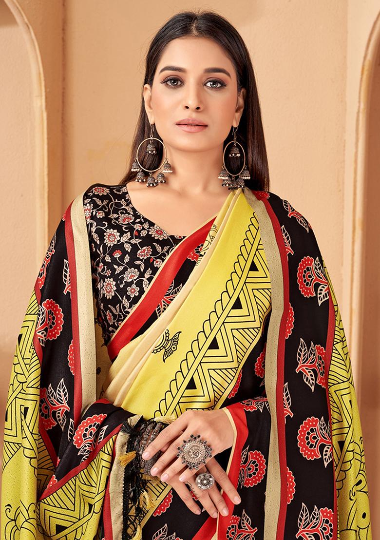 Yellow Digital Print Pashmina Sarees