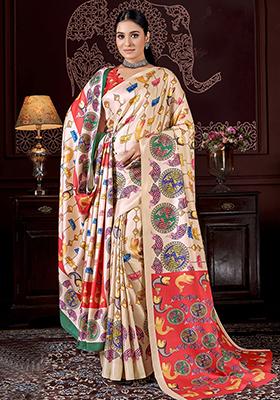 Cream Digital Print Pashmina Sarees