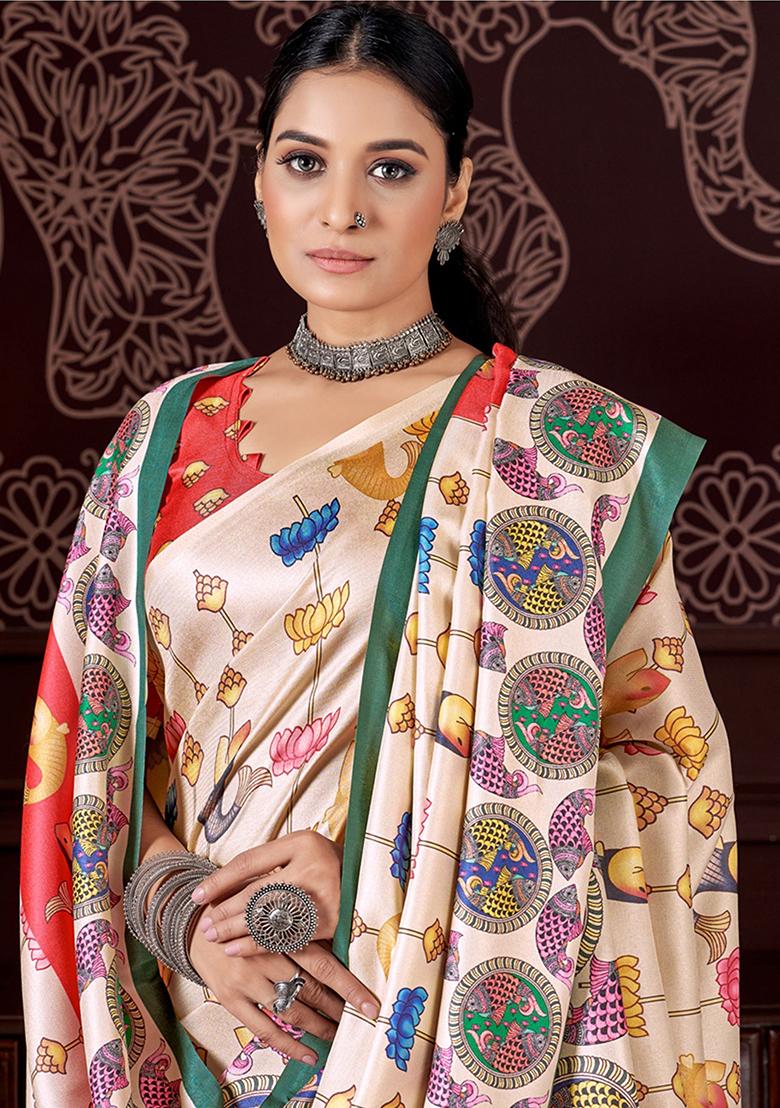 Cream Digital Print Pashmina Sarees