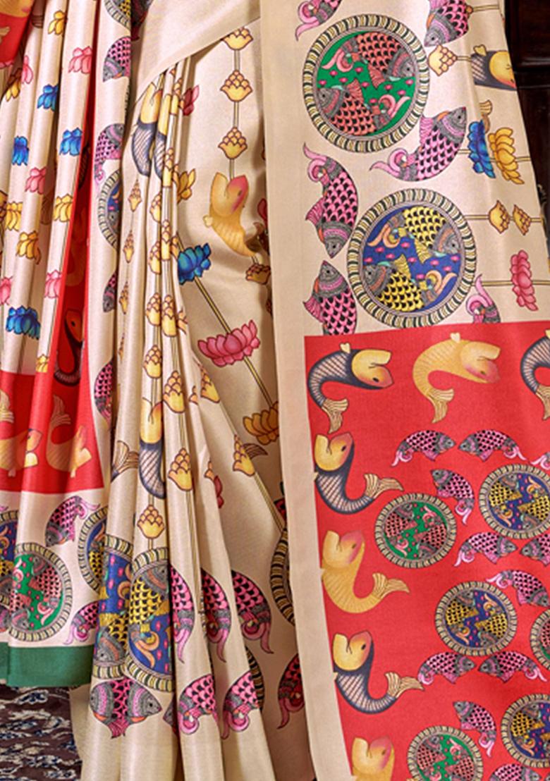 Cream Digital Print Pashmina Sarees