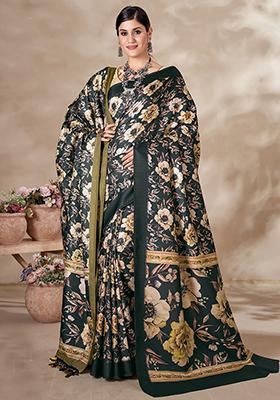 Black Floral Print Pashmina Sarees