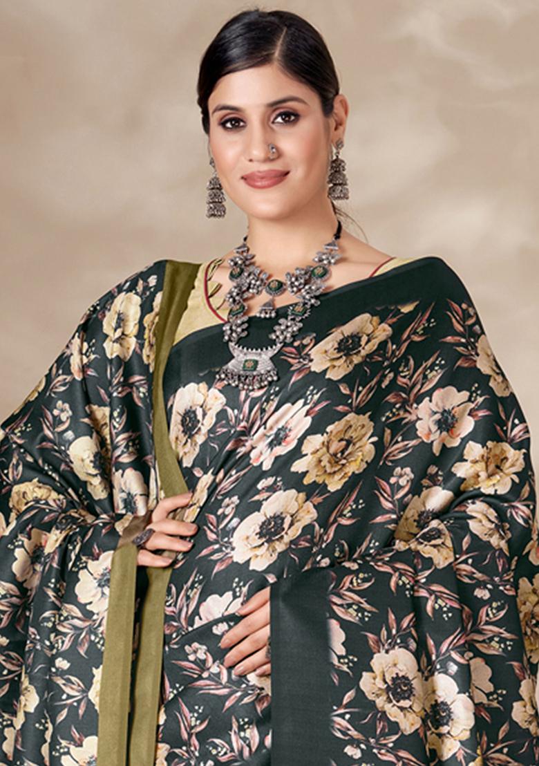 Black Floral Print Pashmina Sarees