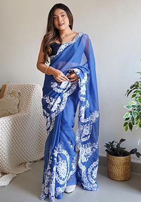 Blue Embroidered Organza Sarees