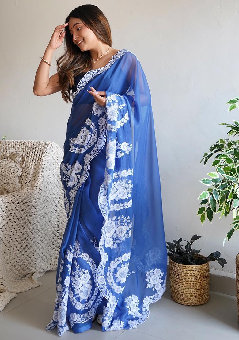 Blue Embroidered Organza Sarees