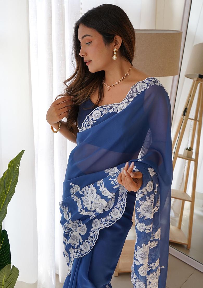 Blue Embroidered Organza Sarees