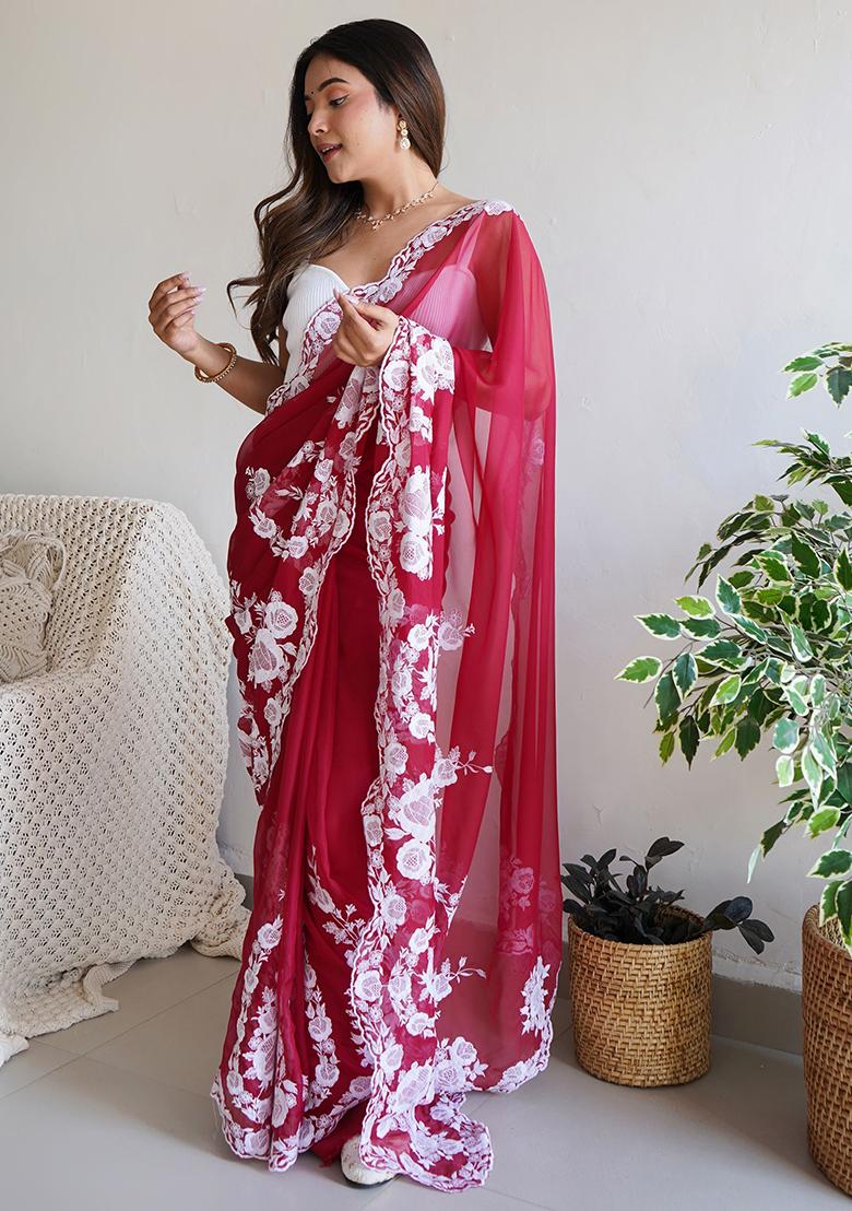 Red Embroidered Organza Sarees