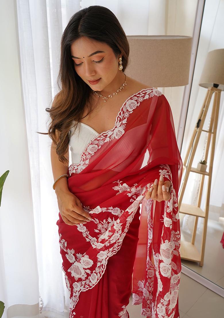 Red Embroidered Organza Sarees