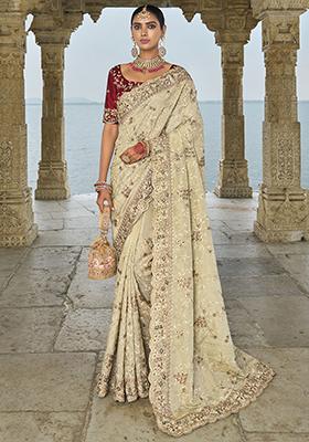 Off White Embroidered Banarasi Silk  Sarees