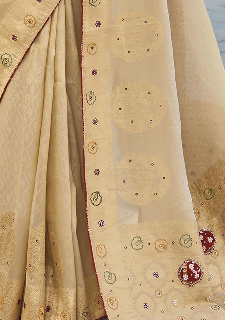 Cream Bandhani Print KanjiVaram Silk Sarees