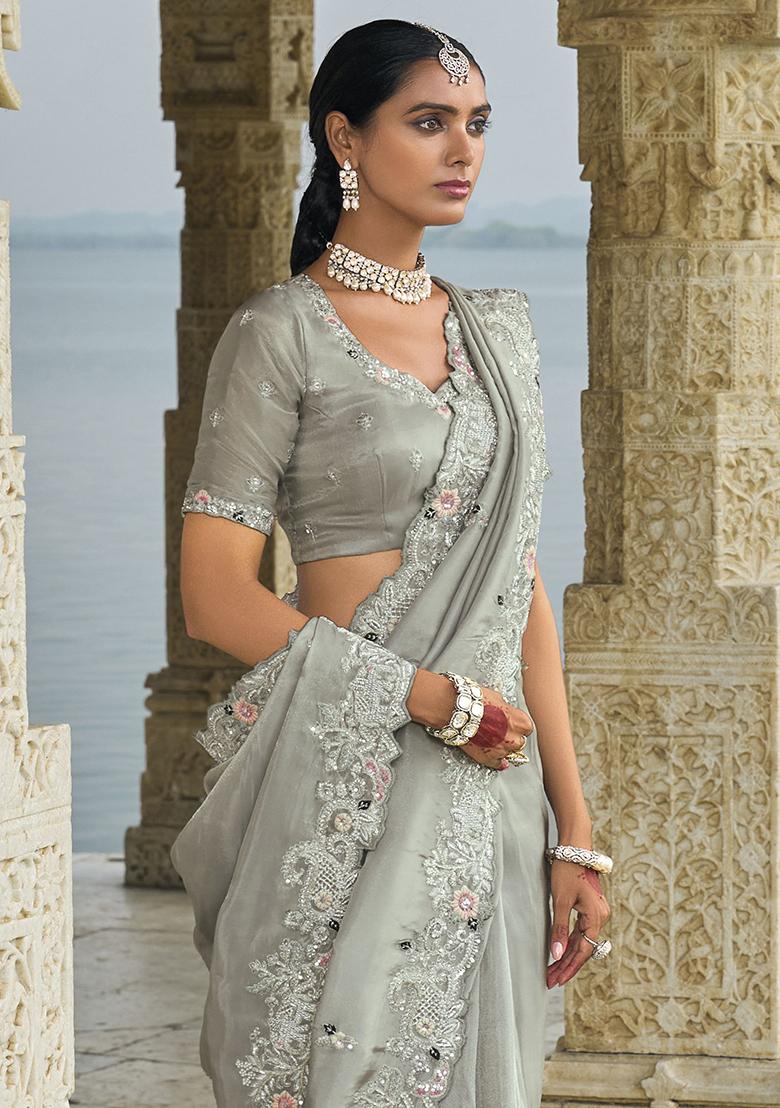 Grey Embroidered Banarasi Silk  Sarees