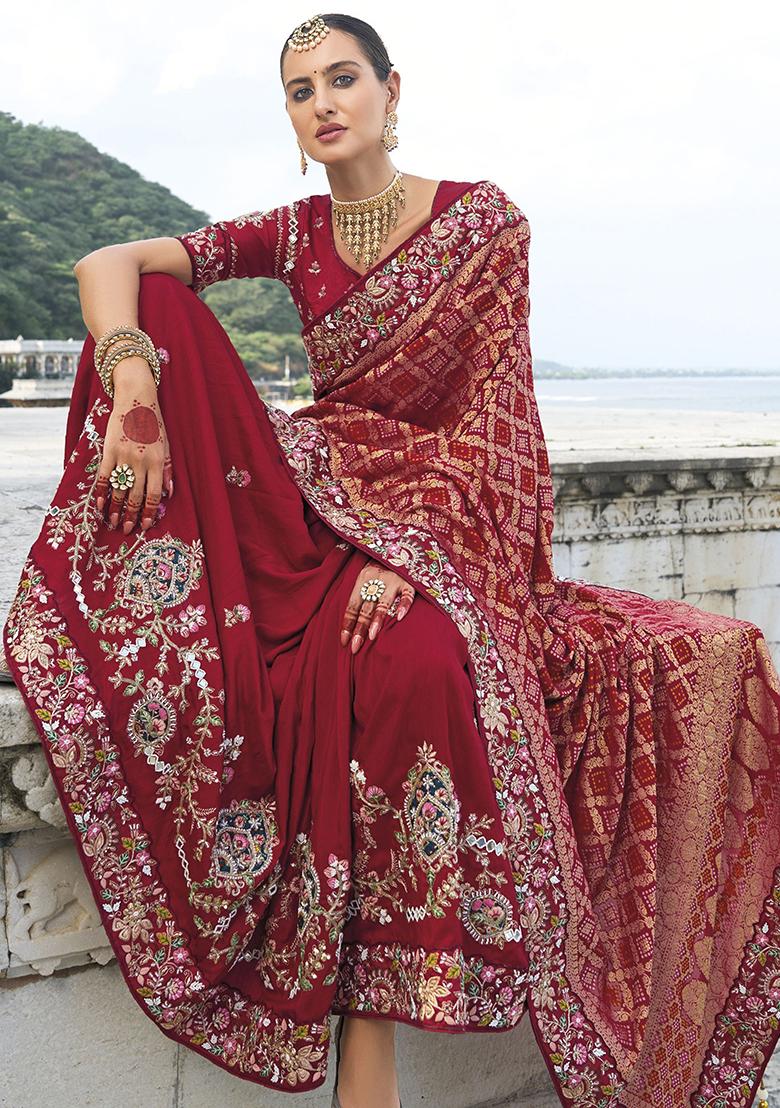 Red Bandhani Print Silk Sarees