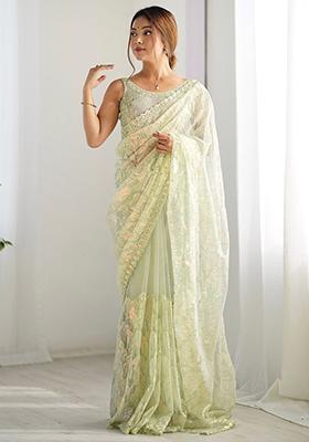 Green Sequin Embroidered Net Sarees