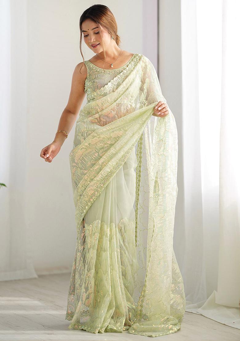 Green Sequin Embroidered Net Sarees