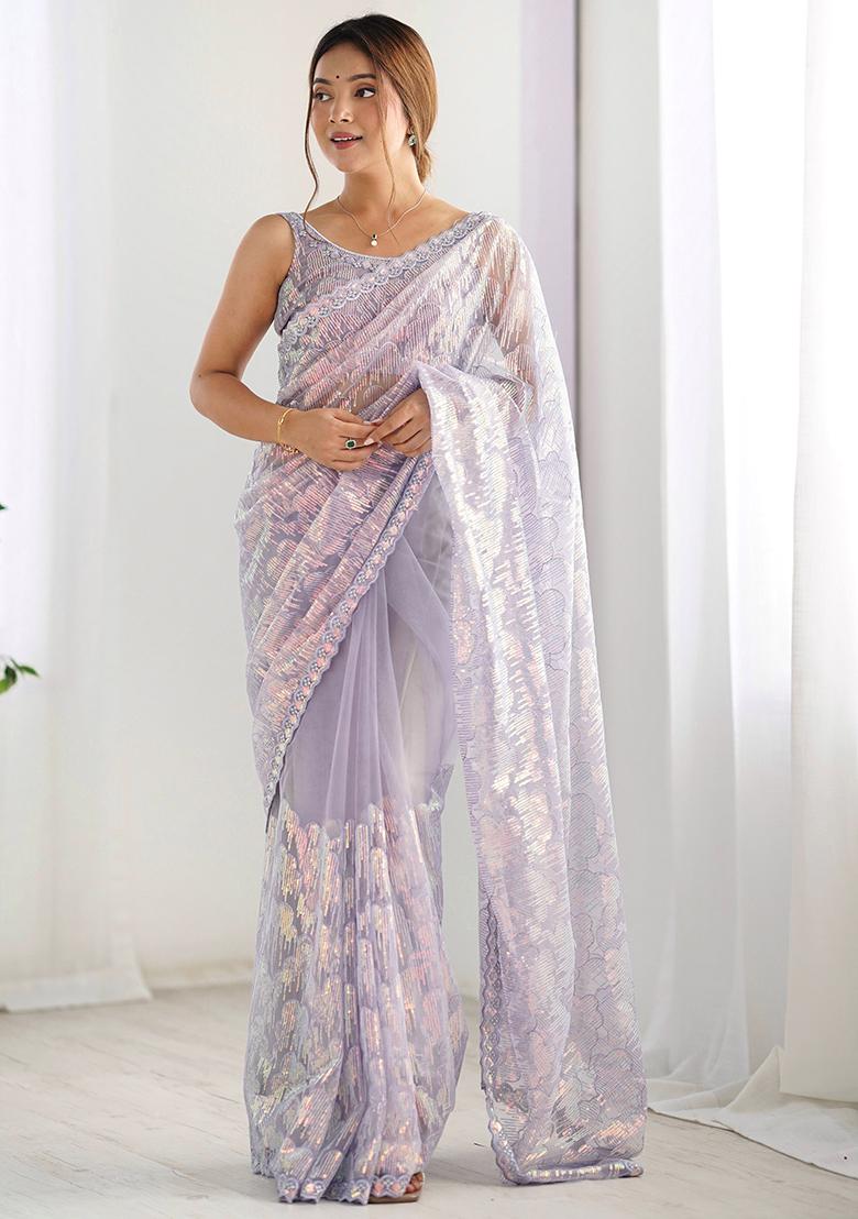 Lavender Sequin Embroidered Net Sarees